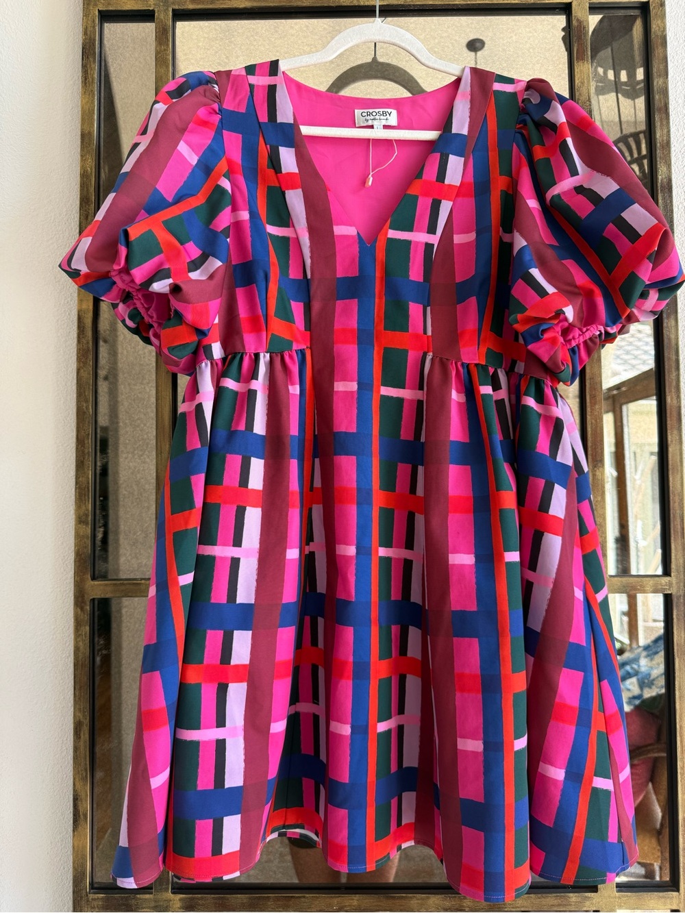 CROSBY by Mollie Burch Pink Multicolor Geometric Puff-Sleeve Dress